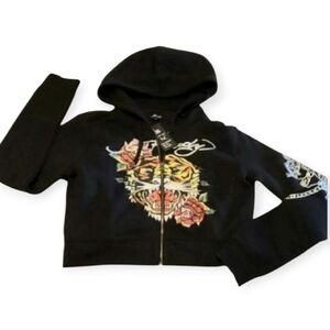 ED HARDY “Tiger Roar” Y2K  Black Cropped Zip Up Hoodie Sweatshirt